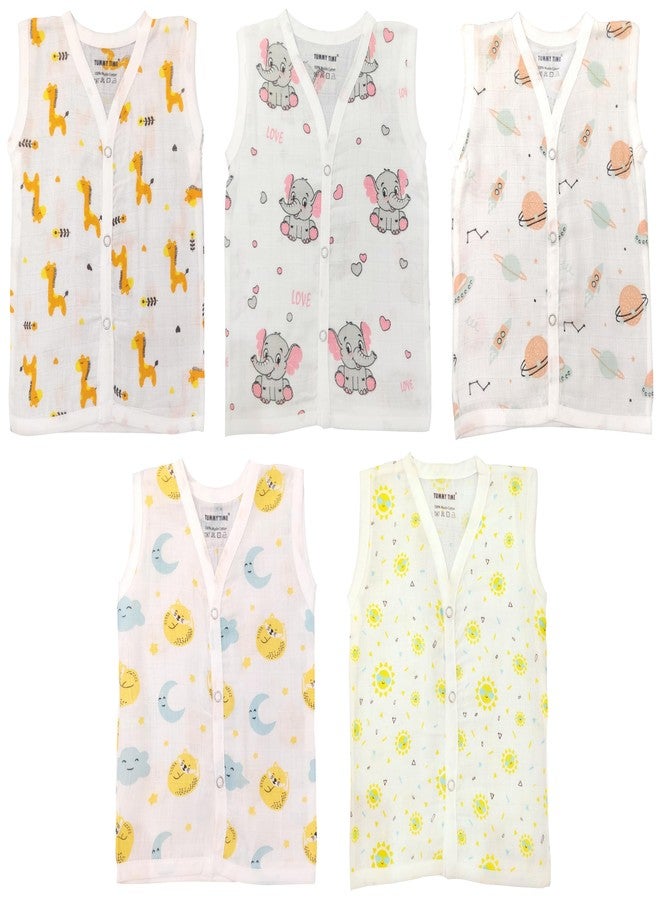 TUMMY TIME - 100% Cotton Muslin Button Jabla | White Jhabla | Assorted Pack of 5 | Size - Newborn | for Boys & Girls | Summerwear Jabala | Sleeveless Vest | Baby Products (0-3 Months) - Image 1