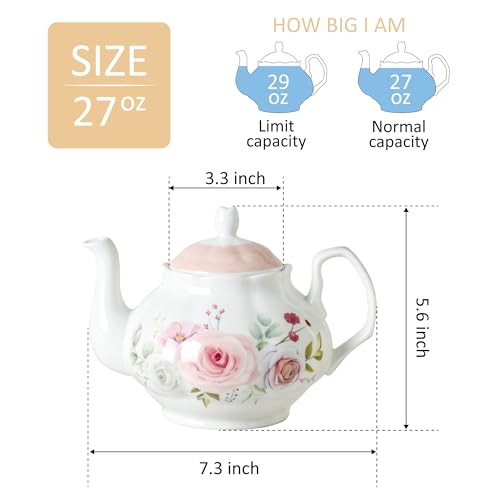 PRECITIME 27oz Floral Porcelain Teapot, Classic Ceramic Teapot for Loose Leaf Tea & Tea Bags, Elegant Small Teapot with Rose Pattern, Dishwasher Safe - Image 2