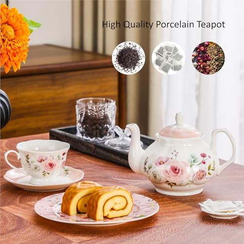 PRECITIME 27oz Floral Porcelain Teapot, Classic Ceramic Teapot for Loose Leaf Tea & Tea Bags, Elegant Small Teapot with Rose Pattern, Dishwasher Safe - Image 3