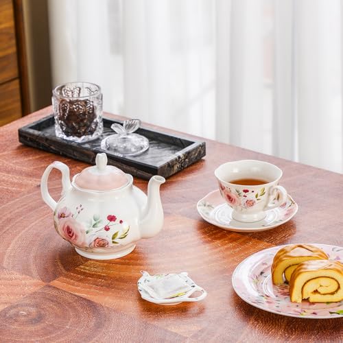 PRECITIME 27oz Floral Porcelain Teapot, Classic Ceramic Teapot for Loose Leaf Tea & Tea Bags, Elegant Small Teapot with Rose Pattern, Dishwasher Safe - Image 5