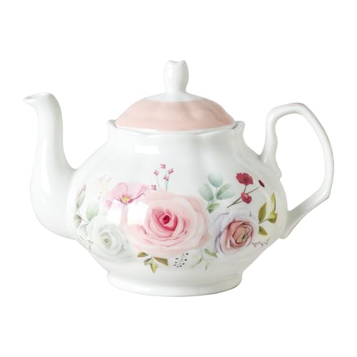 PRECITIME 27oz Floral Porcelain Teapot, Classic Ceramic Teapot for Loose Leaf Tea & Tea Bags, Elegant Small Teapot with Rose Pattern, Dishwasher Safe - Image 1