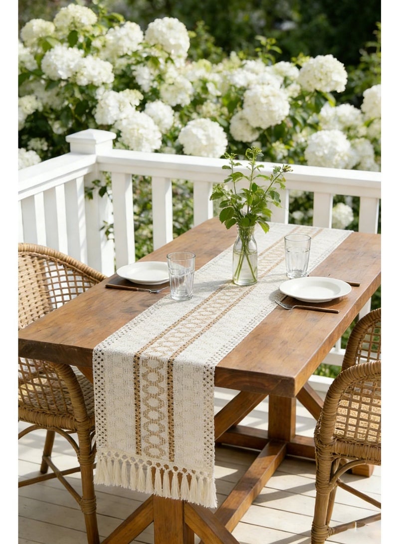 LEOKOR Boho Macrame-Style Table Runner 30 x 180 cm, Beige Crochet Lace Table Runner with Tassels for Dining Table, Coffee Table, Wedding and Home Decor - Image 2