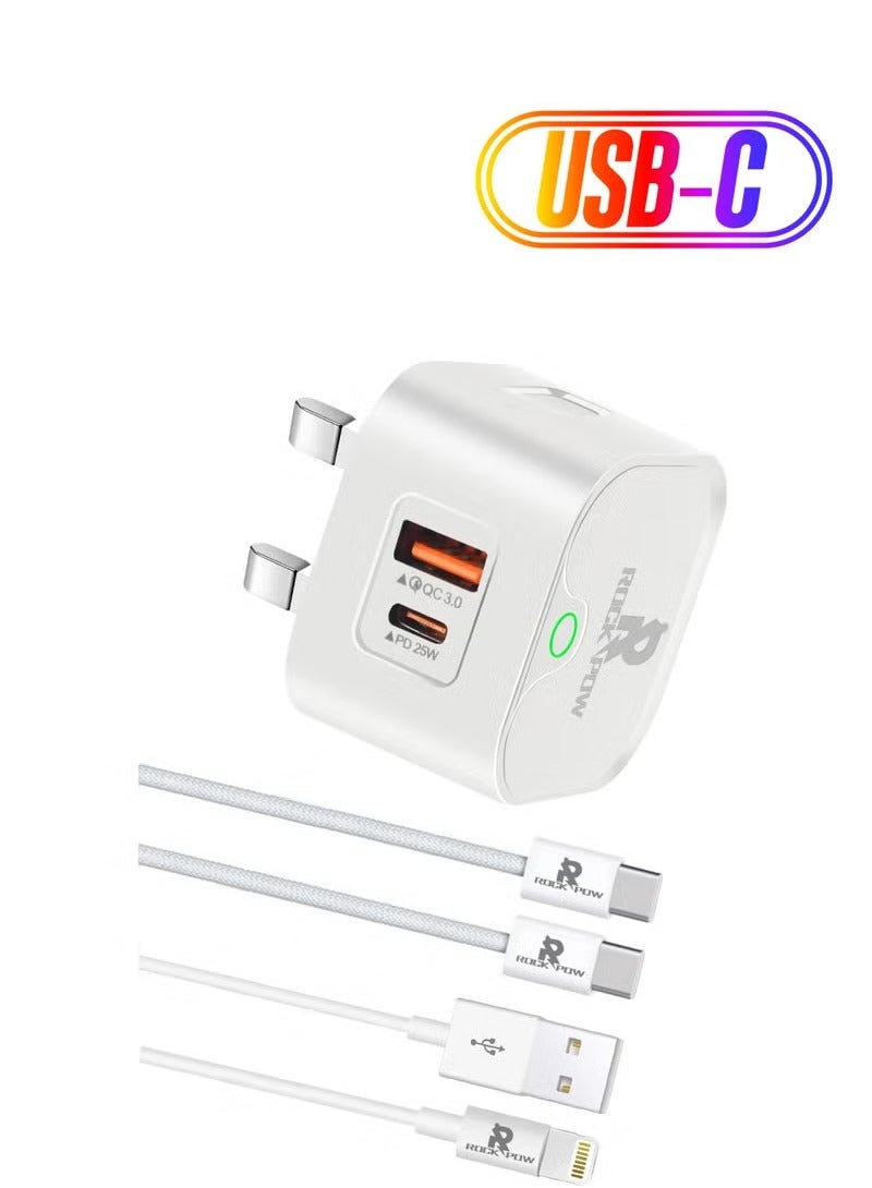 Rock Pow iphone charger PD 25W Fast Charger 2 Ports QC 3.0 & PD for iPhone 16 15 Fast Charging Type C USB C Charger  iPhone 16 Charger with 2pcs Cable for iPhone 16/16 Plus/16 Pro/16 Pro Max/iPhone 15/15 Pro Max/15 Plus/15 Pro/14/13/12/11/iPad Pro/AirPods Samsung Galaxy S24, S23, S22, S21, S20, Z Fold, Z Flip,Travel Power Adapter also for Huawei/Xiaomi, etc  - Image 1