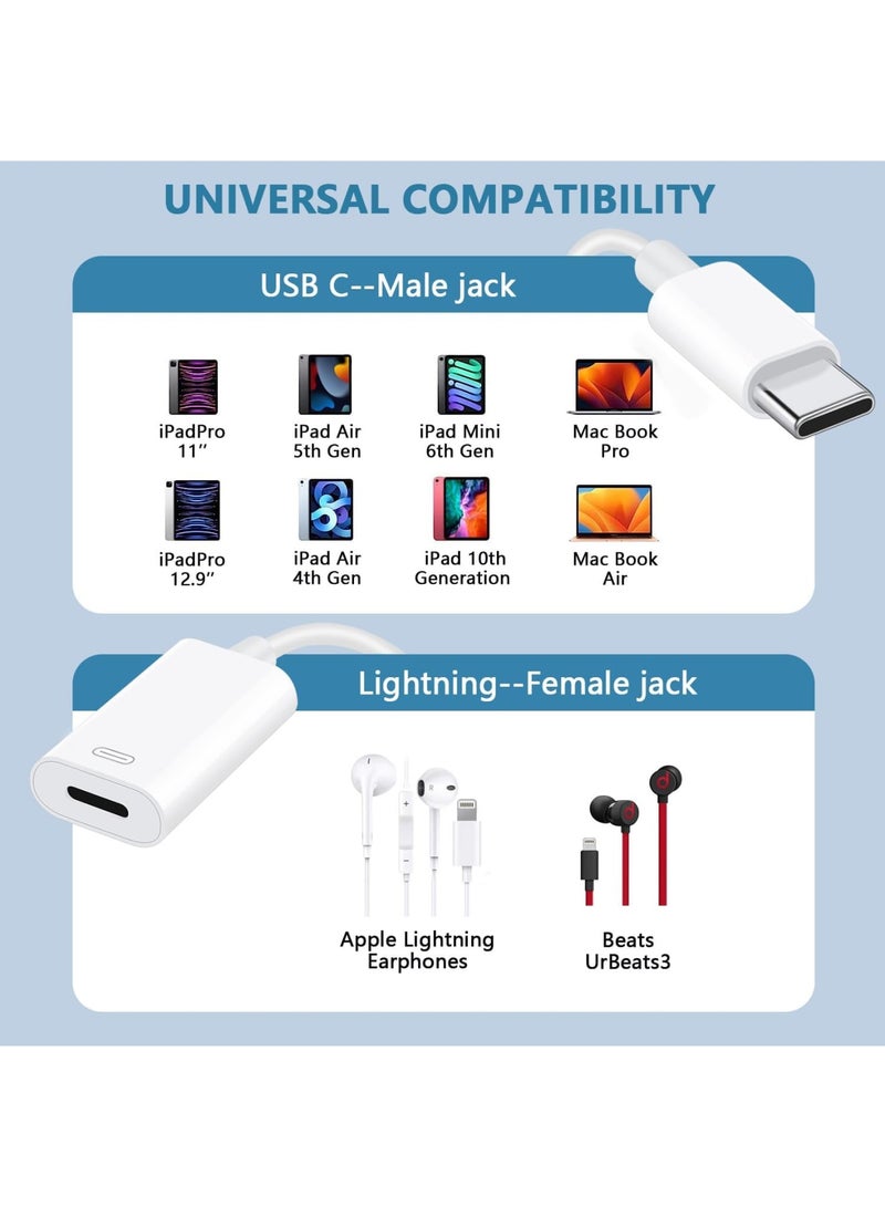 SYOSI محول صوت سماعات USB C إلى Lightning لجهاز iPhone 16/15 Plus Pro Max، شحن ونقل بيانات، محول Type C ذكر إلى أنثى لسماعات Lightning لجهاز iPad Pro Air Mini MacBook (أبيض) - Image 2