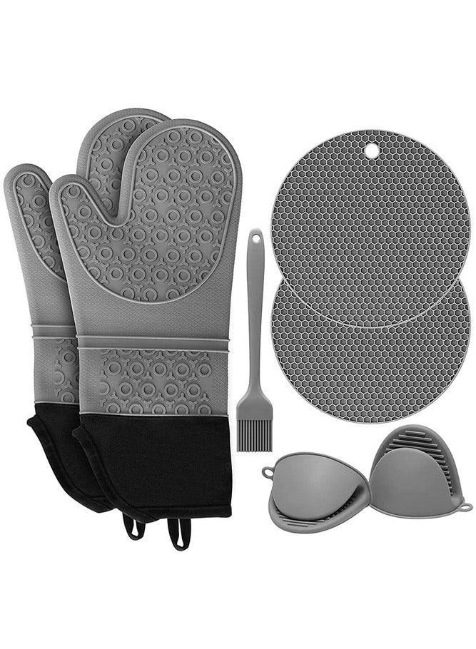 BELLSBERRY 7-Piece Silicone Oven Mitts And Pot Holders Set – Heat Resistant Gloves with Mini Hot Pads And Oil Brush For Baking  - Image 1