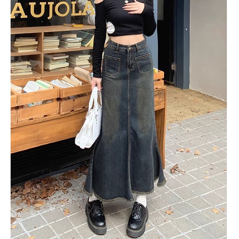Zz Spice Girl Retro Denim Skirt With Fur Edge Women'S Small High Waist Slim Shroud Hip Covering A- Shaped Hip Fishtail Long Skirt - Image 1