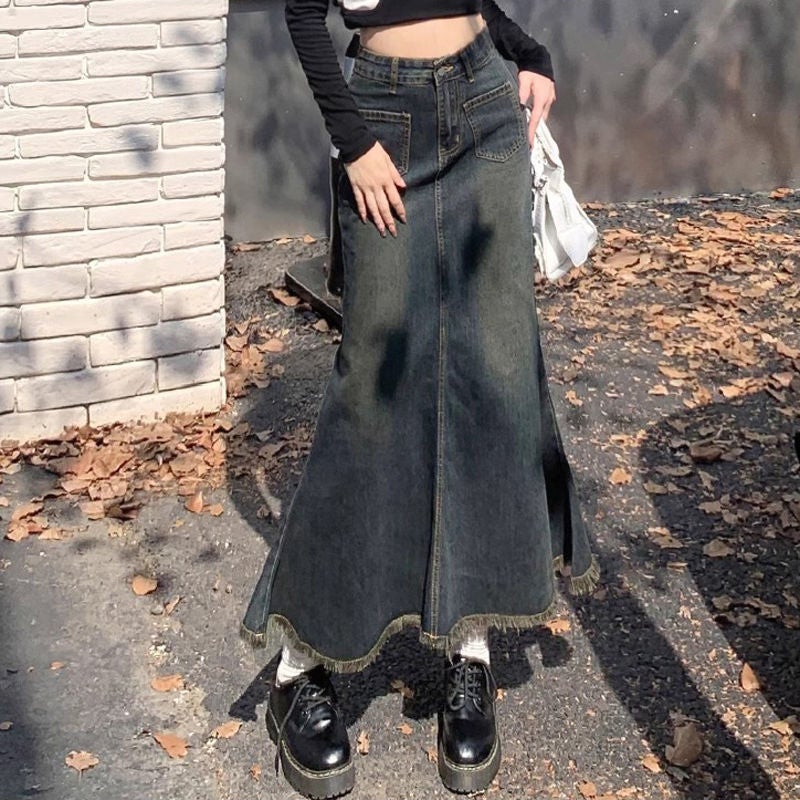 Zz Spice Girl Retro Denim Skirt With Fur Edge Women'S Small High Waist Slim Shroud Hip Covering A- Shaped Hip Fishtail Long Skirt - Image 2