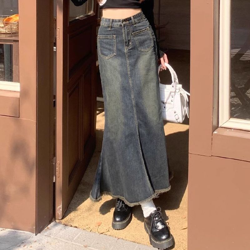 Zz Spice Girl Retro Denim Skirt With Fur Edge Women'S Small High Waist Slim Shroud Hip Covering A- Shaped Hip Fishtail Long Skirt - Image 5