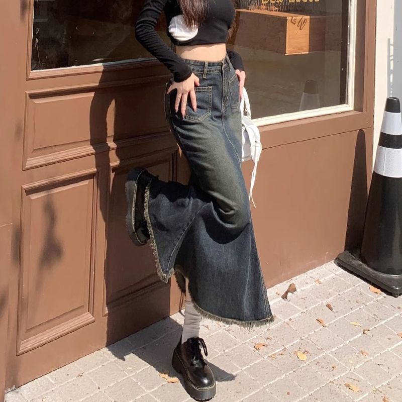 Zz Spice Girl Retro Denim Skirt With Fur Edge Women'S Small High Waist Slim Shroud Hip Covering A- Shaped Hip Fishtail Long Skirt - Image 3