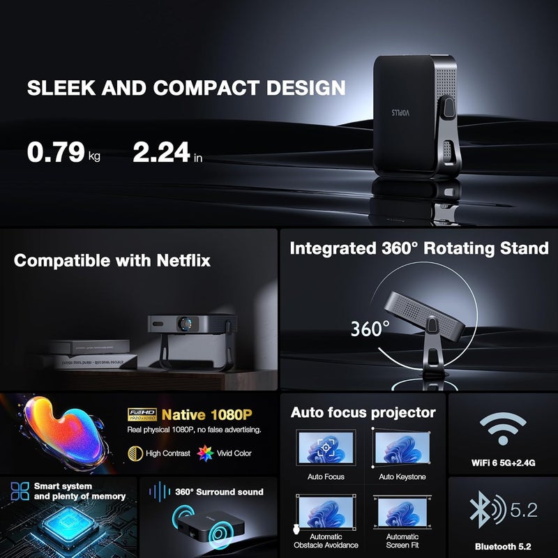 【Netflix-Licensed Projector & Native 1080P】Thinnest 2.24" Smart Mini Projector with WiFi and Bluetooth, Auto Focus & Keystone Portable Outdoor Projector, VOPLLS 4K Support Home Movie Projector - Image 2
