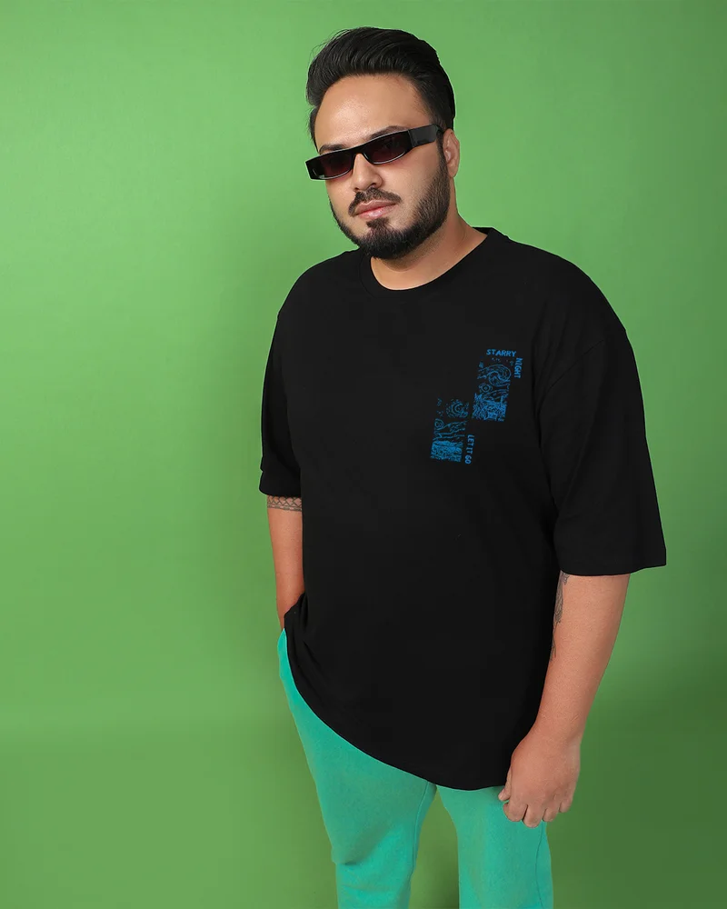 بيواكوف تيشيرت رجالي أسود مطبوع برسومات كبيرة الحجم