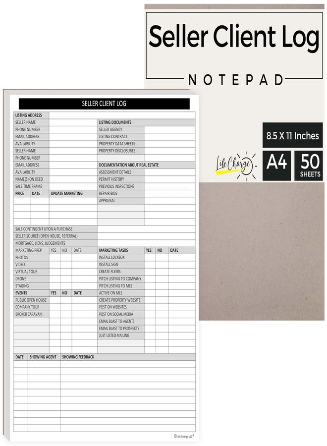 Life Charge Real Estate Agent Supplies - Home Seller Client Log to include in Listing File Folders. Realtor Log to Track Seller Needs, Home Showings & Agent Activity. 50 Page Notepad. 8.5 X 11. Made in the USA. - Image 2
