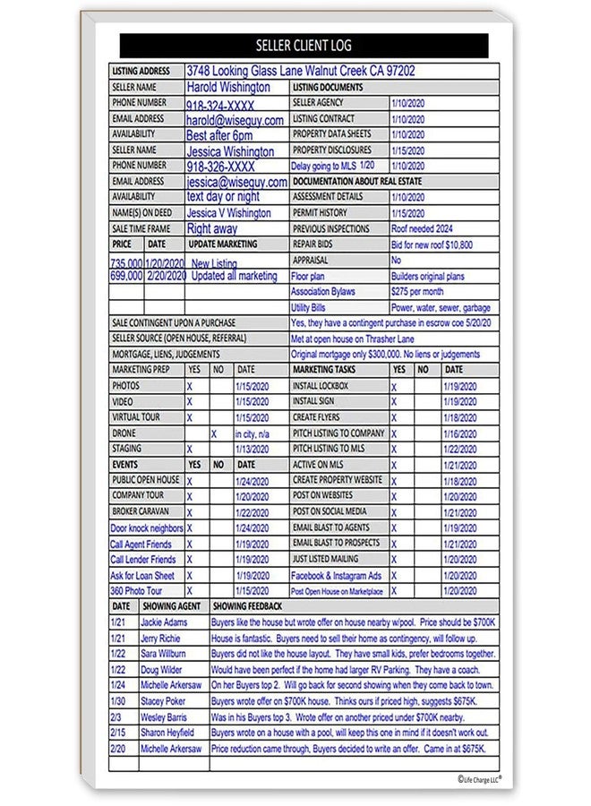 Life Charge Real Estate Agent Supplies - Home Seller Client Log to include in Listing File Folders. Realtor Log to Track Seller Needs, Home Showings & Agent Activity. 50 Page Notepad. 8.5 X 11. Made in the USA. - Image 1