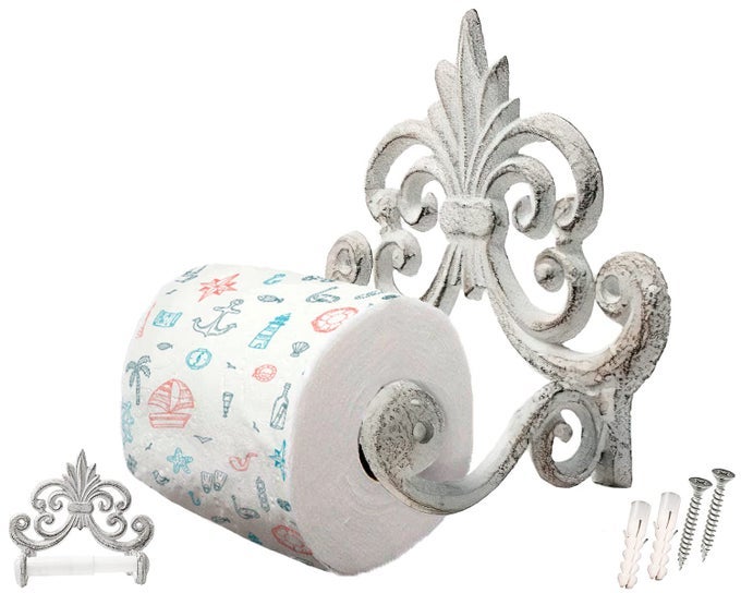 FLEUR DE LIS CAST IRON TOILET PAPER ROLL HOLDER CAST IRON WALL MOUNTED TOILET TISSUE HOLDER EUROPEAN VINTAGE DESIGN 675 X 625 X 425 WITH SCREWS AND ANCHORS BY ANTIQUE WHITE
