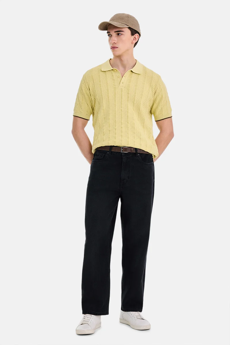 SNITCH Yellow Textured Half Sleeve Regular Fit T-Shirt