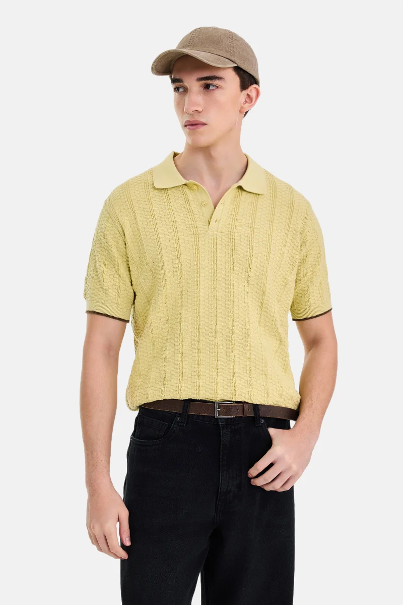 SNITCH Yellow Textured Half Sleeve Regular Fit T-Shirt