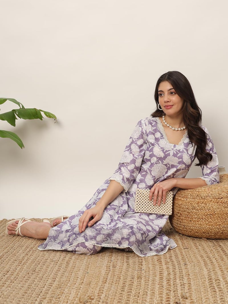 FIORRA Women's Lavender Cotton Blend Printed Tunic with Pant Co-ords Set SET0146 - Image 5