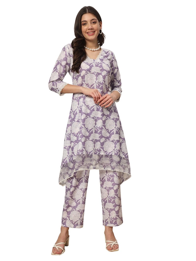 FIORRA Women's Lavender Cotton Blend Printed Tunic with Pant Co-ords Set SET0146 - Image 1