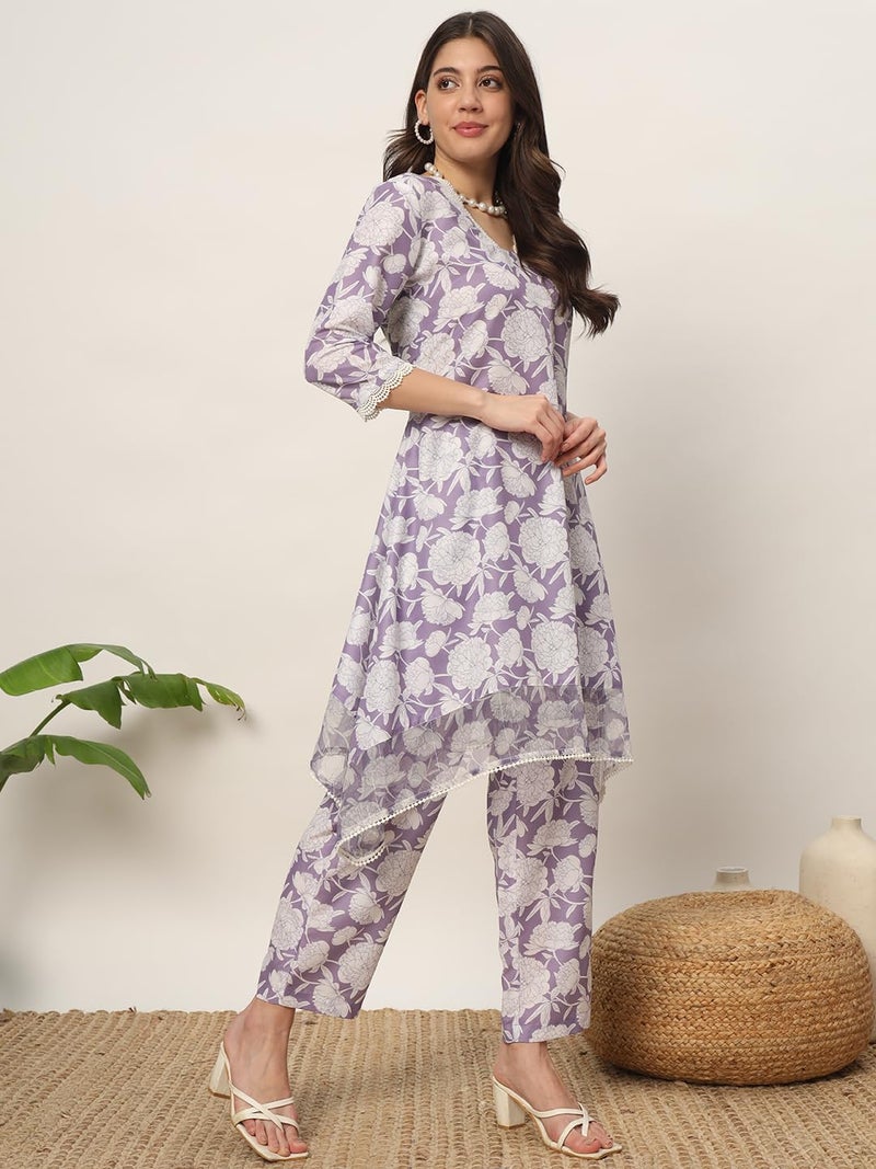 FIORRA Women's Lavender Cotton Blend Printed Tunic with Pant Co-ords Set SET0146 - Image 3