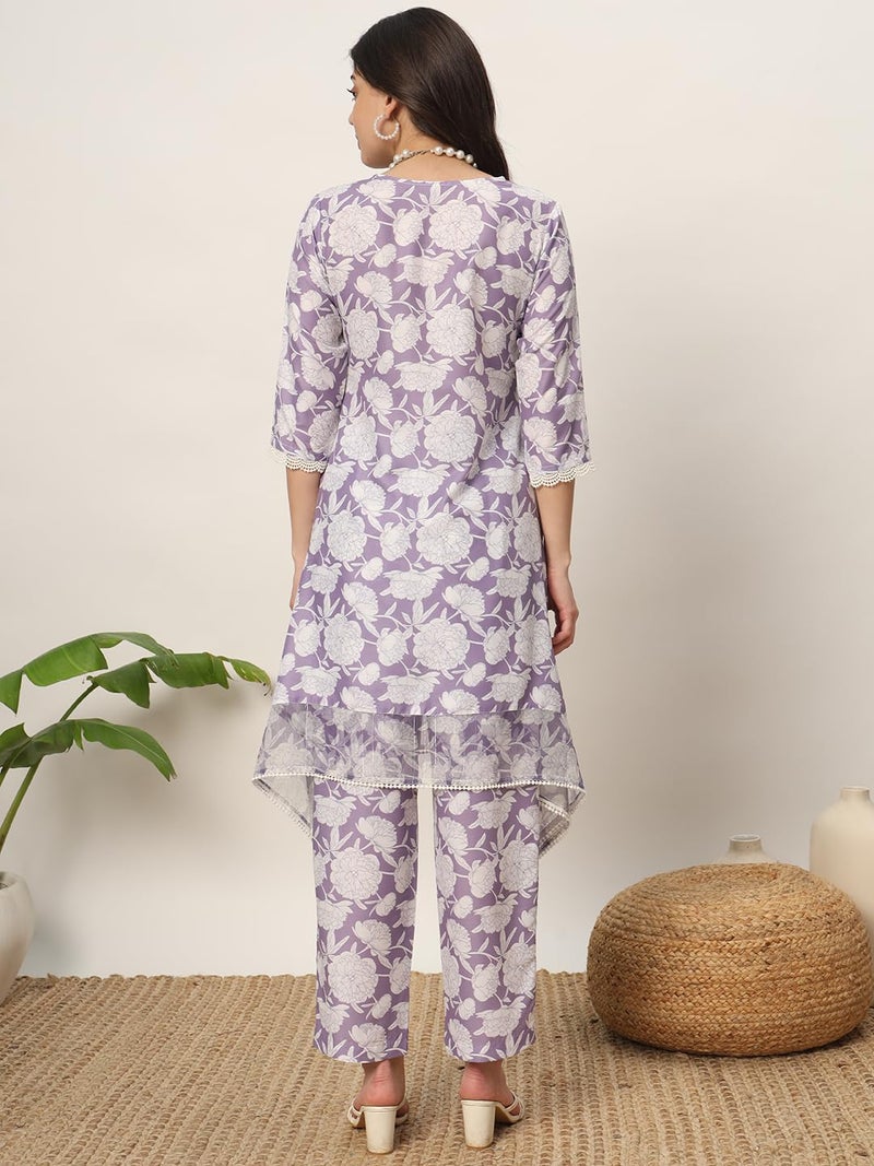 FIORRA Women's Lavender Cotton Blend Printed Tunic with Pant Co-ords Set SET0146 - Image 4