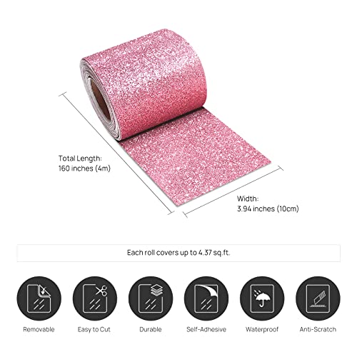Stickyart Pink Glitter Wallpaper Border Peel and Stick Mirror Frame Border Tape Removable Sparkle Contact Paper Self Adhesive Glitter Fabric Wall Borders for Girls Room Bathroom Craft Decor 3.94"x160" - Image 5