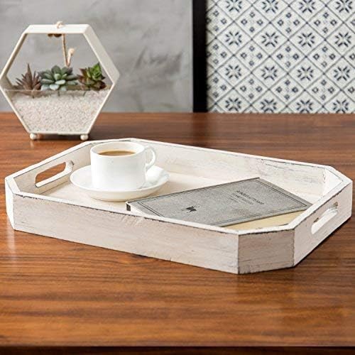 MyGift Whitewashed Wood Serving Tray with Handles and Angles Edges Farmhouse Coffee Table Decorative Tray - Image 2