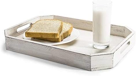 MyGift Whitewashed Wood Serving Tray with Handles and Angles Edges Farmhouse Coffee Table Decorative Tray - Image 3