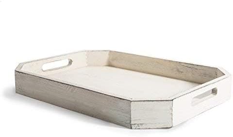 MyGift Whitewashed Wood Serving Tray with Handles and Angles Edges Farmhouse Coffee Table Decorative Tray - Image 5