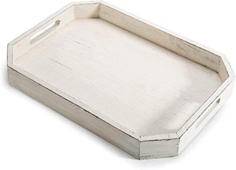 MyGift Whitewashed Wood Serving Tray with Handles and Angles Edges Farmhouse Coffee Table Decorative Tray - Image 1