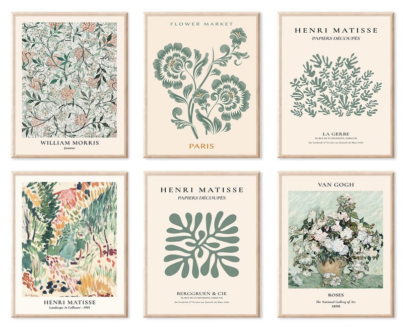 ديكور جدار أخضر حكيم فن تجريدي ملصقات معرض ماتيس فن جدار زهري بسيط 8x10 بوصة غير مؤطرة