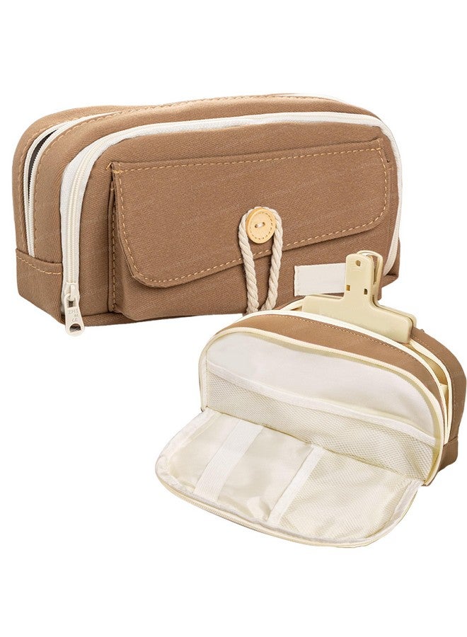 فنبلاست حقيبة أقلام فن بلاست، حافظة أقلام للبنات، حافظة تنظيم أدوات مكتبية كبيرة السعة، منظم أقلام أنيق، حقيبة متعددة الأغراض بسحاب للأطفال والكبار (بني) - Image 1