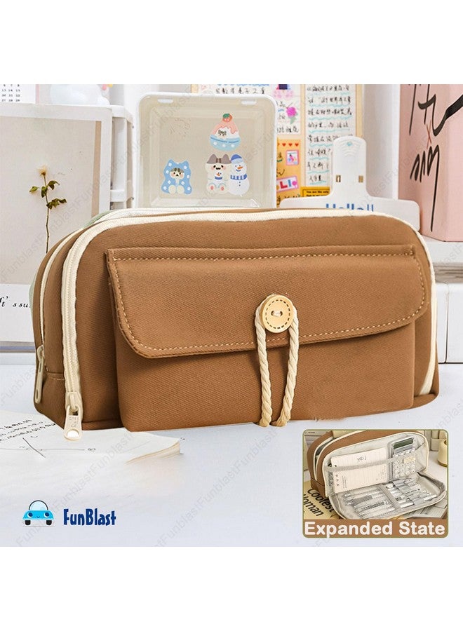 فنبلاست حقيبة أقلام فن بلاست، حافظة أقلام للبنات، حافظة تنظيم أدوات مكتبية كبيرة السعة، منظم أقلام أنيق، حقيبة متعددة الأغراض بسحاب للأطفال والكبار (بني) - Image 4