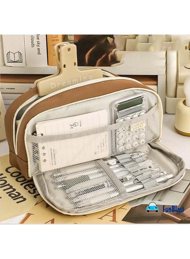 فنبلاست حقيبة أقلام فن بلاست، حافظة أقلام للبنات، حافظة تنظيم أدوات مكتبية كبيرة السعة، منظم أقلام أنيق، حقيبة متعددة الأغراض بسحاب للأطفال والكبار (بني) - Image 3