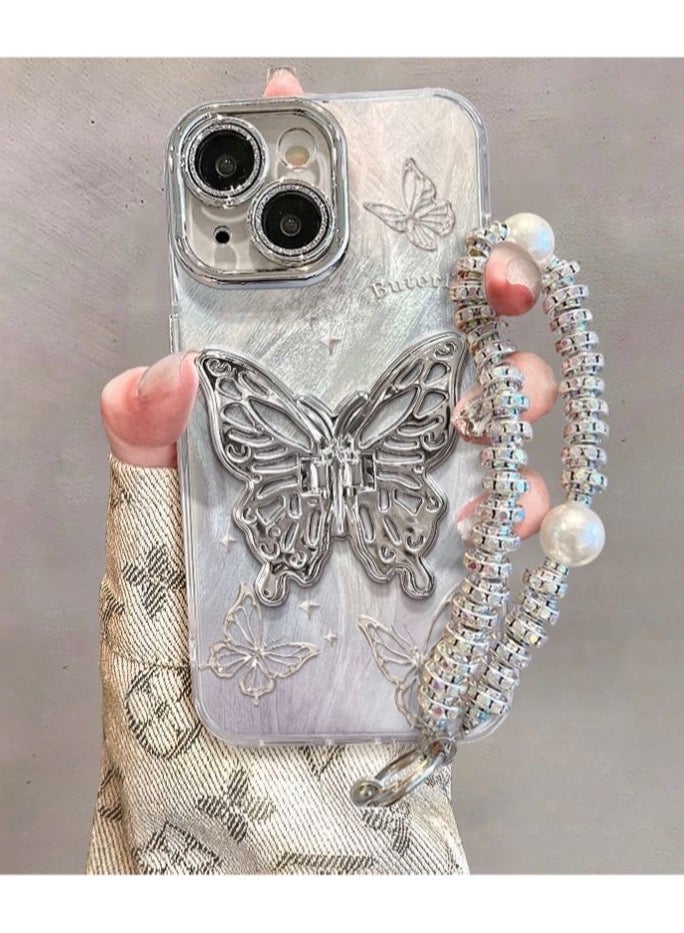 Compatible with iPhone 15 Pro Max Phone Case, Silver Butterfly Stand Shockproof Phone Case with Beautiful Pearl  Metal Bracelet Girl Women's Case - Image 5