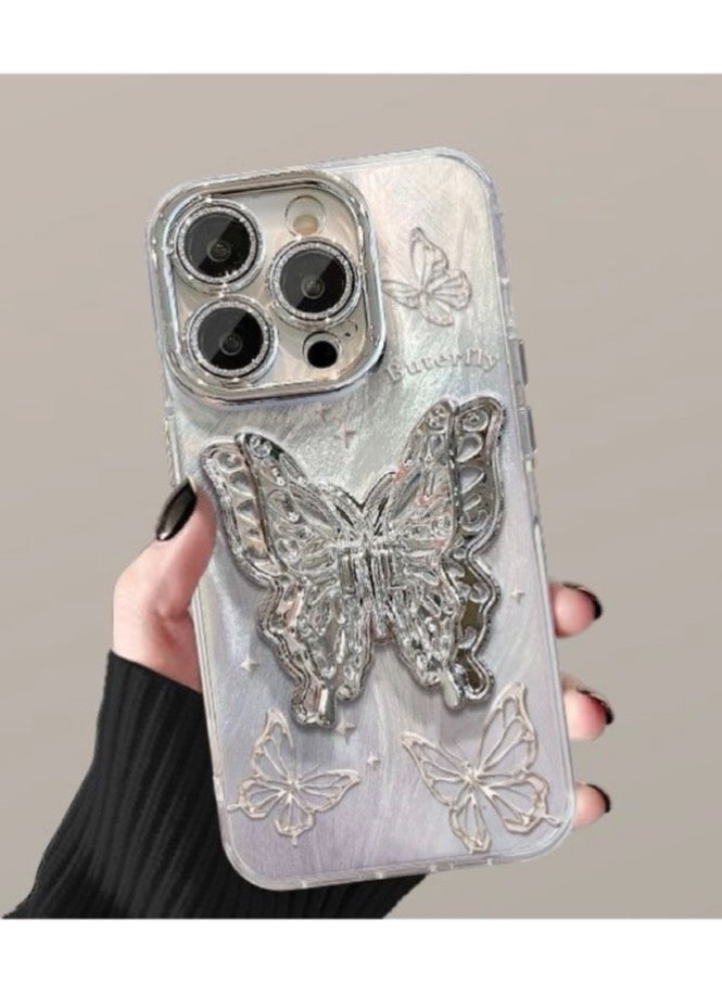 Compatible with iPhone 15 Pro Max Phone Case, Silver Butterfly Stand Shockproof Phone Case with Beautiful Pearl  Metal Bracelet Girl Women's Case - Image 3
