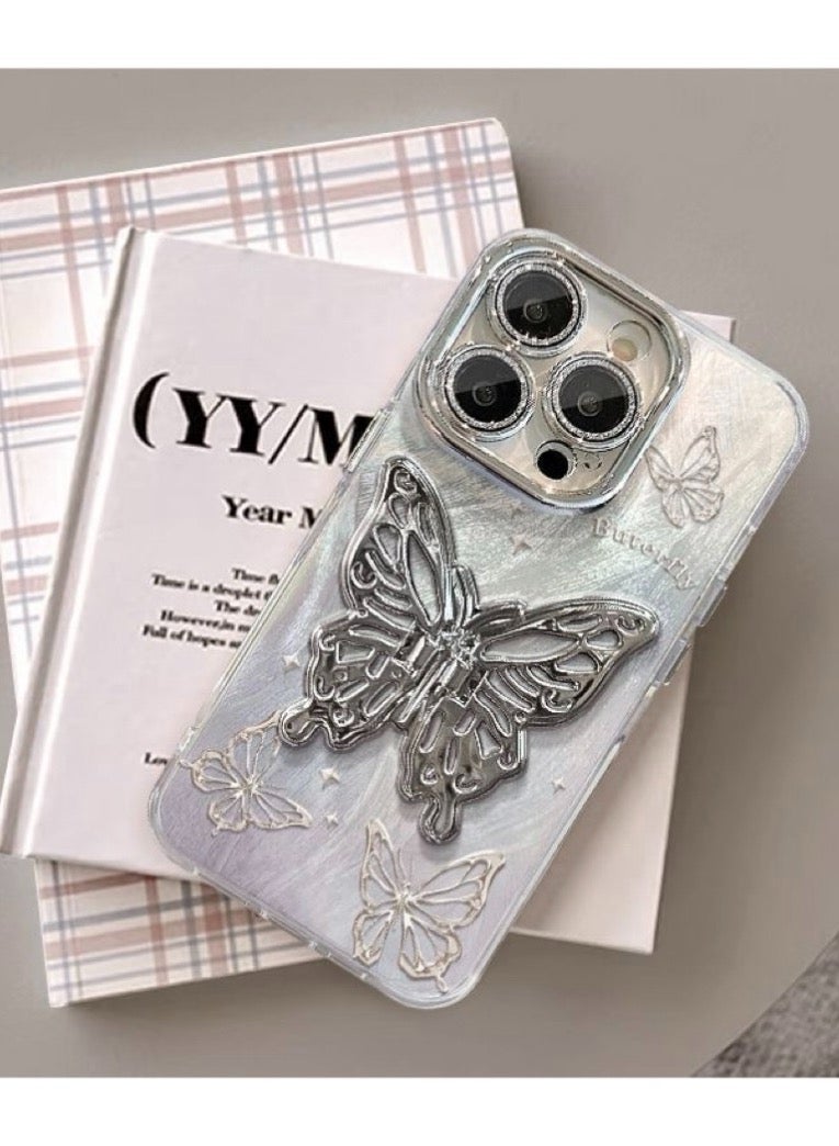 Compatible with iPhone 15 Pro Max Phone Case, Silver Butterfly Stand Shockproof Phone Case with Beautiful Pearl  Metal Bracelet Girl Women's Case - Image 2
