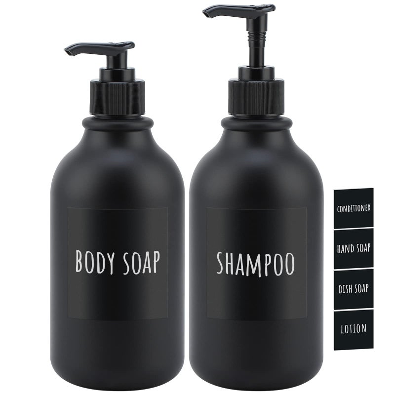 Segbeauty Matte Black Shampoo Dispenser, 2pcs 16.9oz Empty Refillable Pump Bottle with Labels, 500ml Plastic Press Lotion Dispenser Bathroom Shower Containers for Conditioner Hand Wash Gel Dish Soap - Image 1