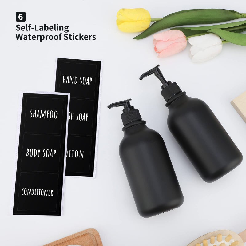 Segbeauty Matte Black Shampoo Dispenser, 2pcs 16.9oz Empty Refillable Pump Bottle with Labels, 500ml Plastic Press Lotion Dispenser Bathroom Shower Containers for Conditioner Hand Wash Gel Dish Soap - Image 2