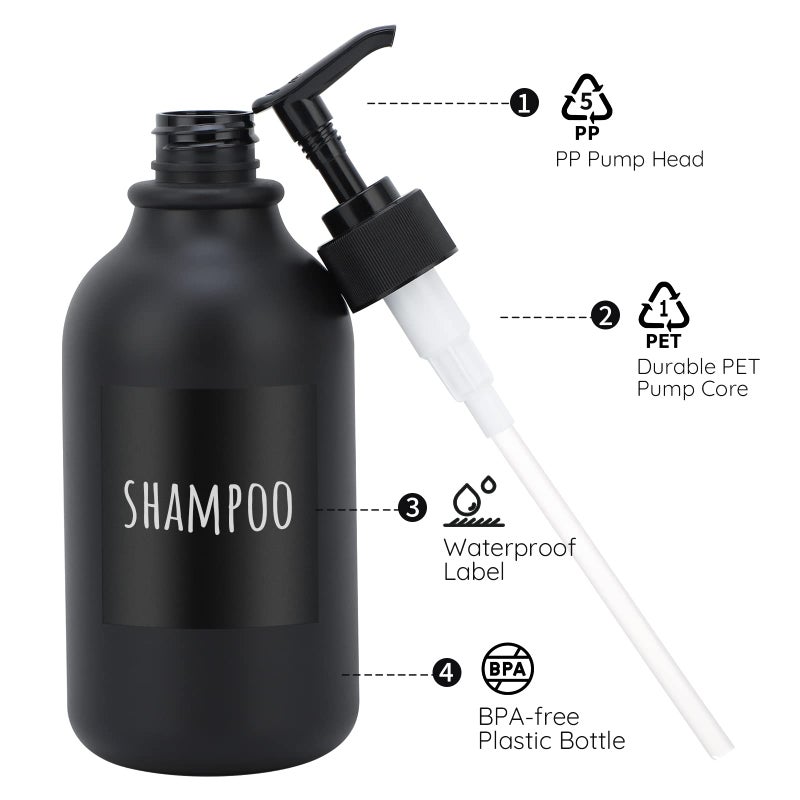 Segbeauty Matte Black Shampoo Dispenser, 2pcs 16.9oz Empty Refillable Pump Bottle with Labels, 500ml Plastic Press Lotion Dispenser Bathroom Shower Containers for Conditioner Hand Wash Gel Dish Soap - Image 5