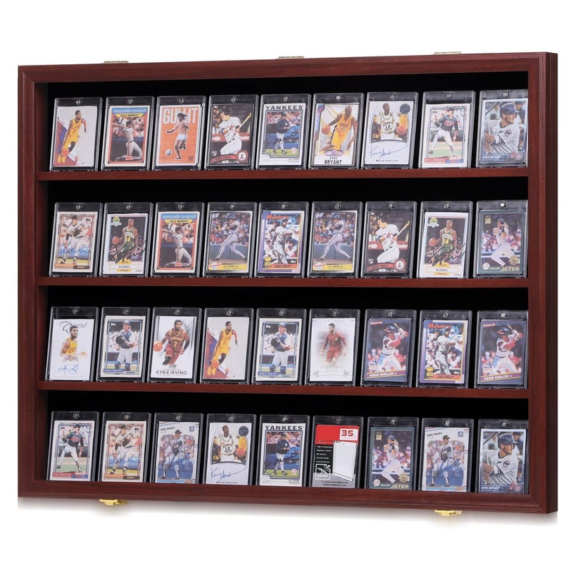 Temgee Temgee 36 Baseball Card Display Case  Lockable Sports Graded Card Display Case Wall Mount with UV Protection Acrylic Door for Baseball Basketball Football Hockey Trading Card Collection Mahogany
