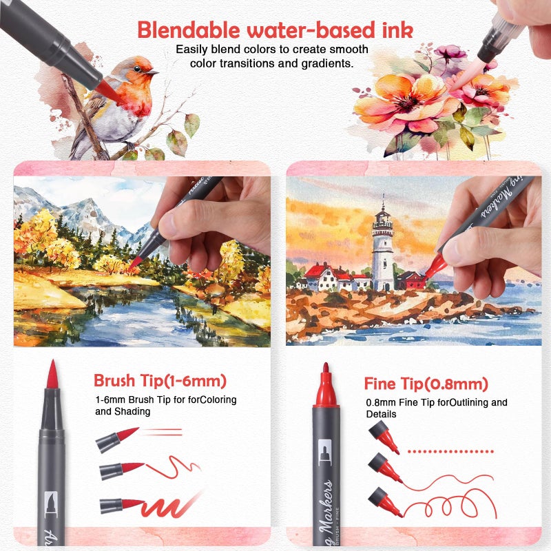 TOSHARE 24 Colors Blendable Watercolor Markers for Adults 2025 Professional Double Tip Paint Pens with 1 Water Brush Pen Water Based Coloring Pens Drawing Markers Set with Flexible Brush Tip - Image 4