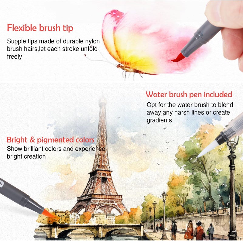 TOSHARE 24 Colors Blendable Watercolor Markers for Adults 2025 Professional Double Tip Paint Pens with 1 Water Brush Pen Water Based Coloring Pens Drawing Markers Set with Flexible Brush Tip - Image 3