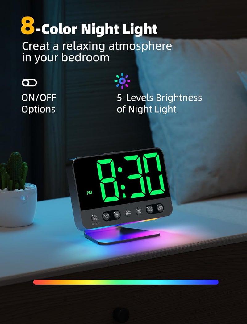 Odokee Digital Alarm Clocks for Bedrooms: Large Bold Number 5 Brightness Dimmer - Easy to Read Across The Room - 5 Alarm Sound 8 Night Light - Green - Image 5