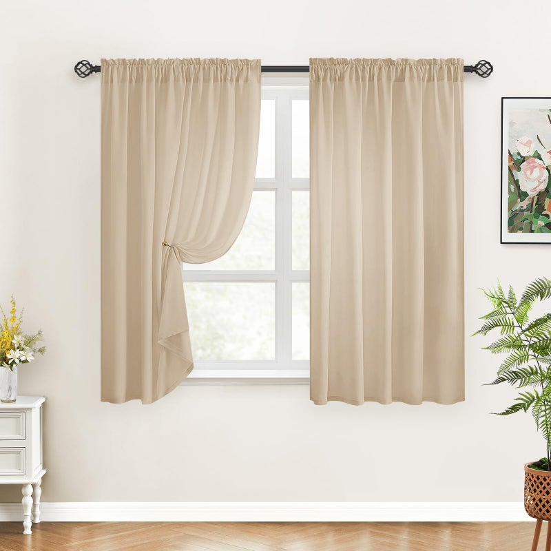 HOMEIDEAS HOMEIDEAS Non-See-Through Beige Privacy Sheer Curtains 52 X 45 Inches Long 2 Panels Taupe Semi Sheer Curtains Light Filtering Window Curtains Drapes for Bedroom Living Room - Image 2
