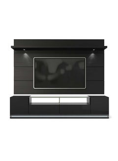 AtoZ Furniture Vanderbilt TV Stand and Cabrini 2.2 Floating Wall TV Panel with LED Lights in Black Gloss and Black Matte in Black Color 