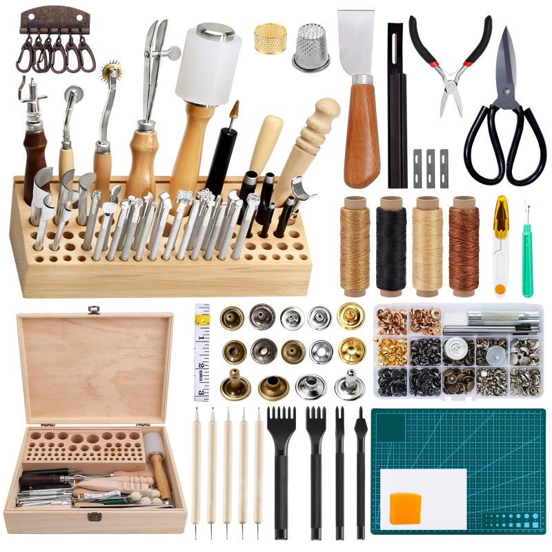 Jupean 458 Pieces Leather Kits Leather Working Tools Leathercraft Tools and Supplies with Instruction Tool Holder Stamps Set Prong Punch Hole Hollow Punch for DIY Craft