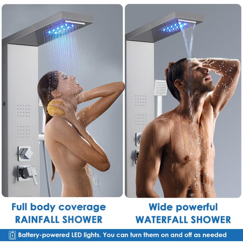 ROVOGO LED Shower Panel Tower System, 5-Function Shower Column with Rainfall Waterfall Shower Head, 4 Body Jets, Handheld and Tub Spout, Stainless Steel Brushed - Image 2