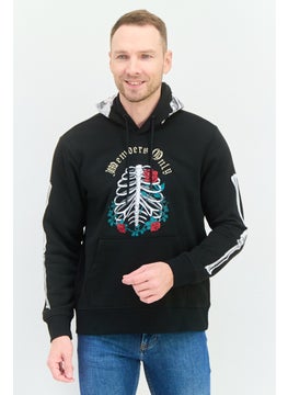 Men Hood With Drawstring Embroidered Logo Long Sleeve Sweatshirts, Black