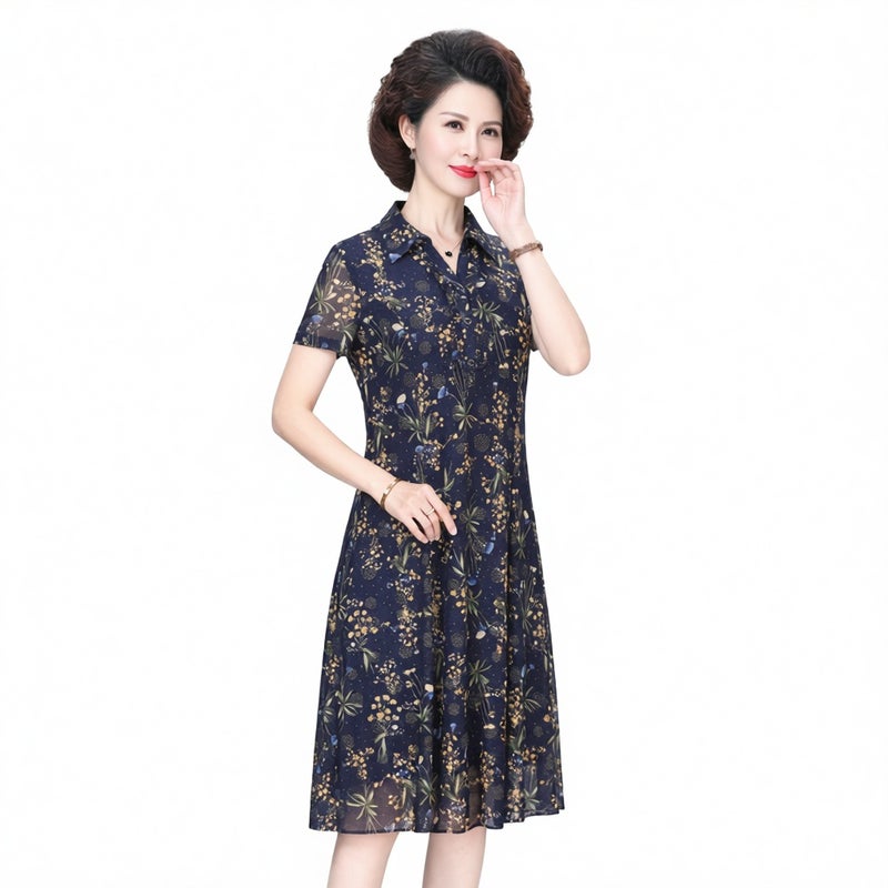 Mothers Summer Mesh Print Dress Short Sleeve Blouse Collar Loose Fit Slimming Midi Dress - Image 2