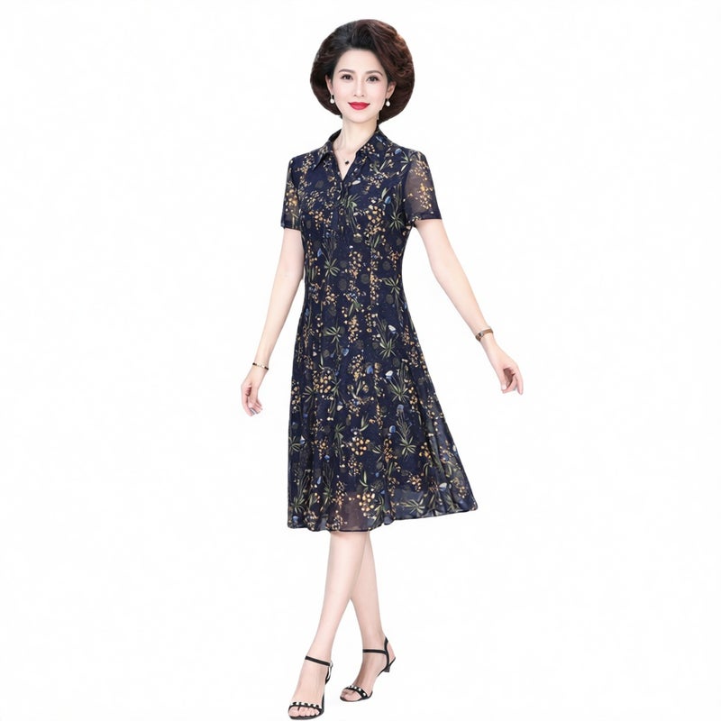 Mothers Summer Mesh Print Dress Short Sleeve Blouse Collar Loose Fit Slimming Midi Dress - Image 3